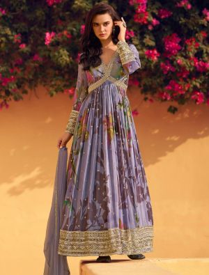 Pastel Purple Chinon Ready To Wear Anarkali Suit In XL small FABSL22188