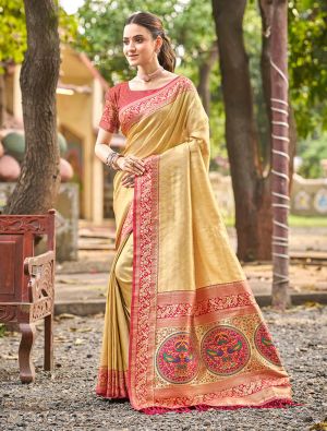 Pastel Yellow Kanjivaram Art Silk Zari Woven Saree