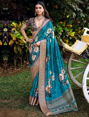 Peacock Blue Cotton Silk Party Wear Saree