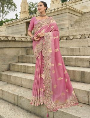 Pink Viscose Tissue Silk Designer Saree