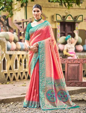 Pinkish Peach Kanjivaram Art Silk Zari Woven Saree