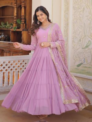 pinkish purple georgette sequined anarkali gown with dupatta fabgo20284