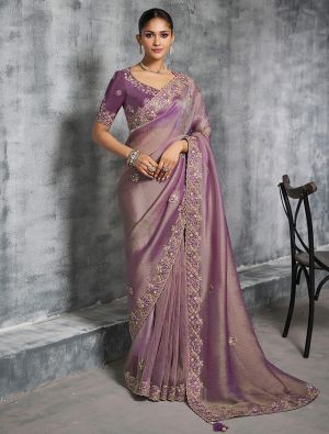Purple Tissue Silk Embroidered Designer Saree