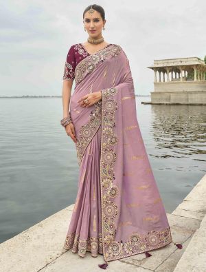 Purple Viscose Tissue Silk Designer Saree