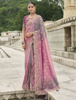 Purplish Pink Viscose Tissue Silk Designer Saree