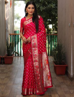 Red Dola Silk Bandhej Printed Saree With Zari Work