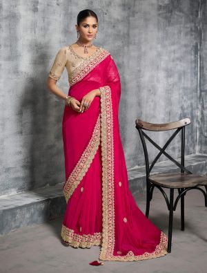 Reddish Pink Tissue Silk Embroidered Designer Saree