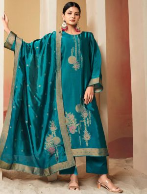 Rich Turquoise Silk Jacquard Elegant Salwar Kameez small FABSL22172