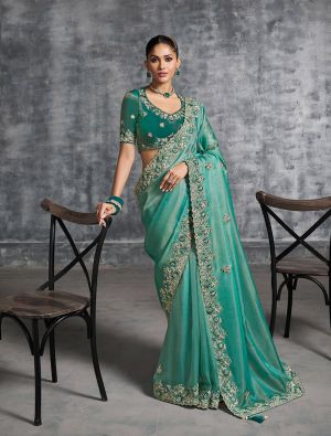 Sea Green Tissue Silk Embroidered Designer Saree