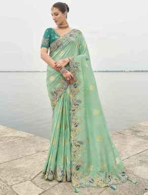 Sea Green Viscose Tissue Silk Designer Saree