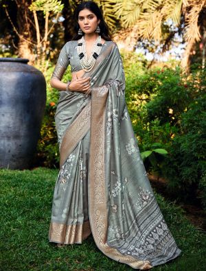 Silver Grey Cotton Silk Party Wear Saree