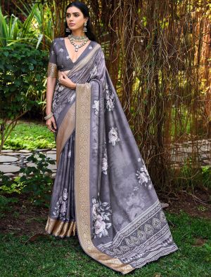 Steel Grey Cotton Silk Party Wear Saree