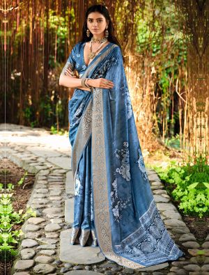 Teal Blue Cotton Silk Party Wear Saree