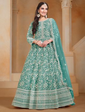 Teal Net Embroidered Anarkali Suit small FABSL21937