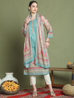 Teal Roman Silk Elegant Ready To Wear Salwar Kameez FABSL22064