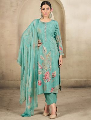 Turquoise Cotton Floral Printed Ready To Wear Salwar Kameez FABSL22208