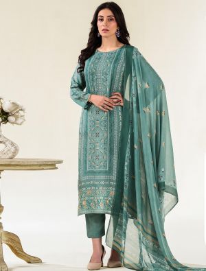 Turquoise Muslin Embroidered Ready To Wear Salwar Kameez FABSL22210