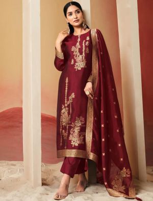 Vibrant Maroon Silk Jacquard Elegant Salwar Kameez small FABSL22176