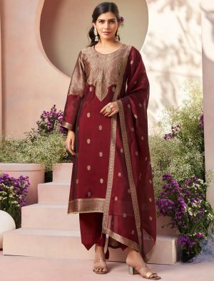 Vivid Maroon Silk Jacquard Elegant Salwar Kameez small FABSL22169