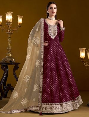 Wine Chanderi Embroidered Anarkali Suit small FABSL21944