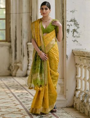 Yellow Raw Silk Blend Saree With Ikat Weaving