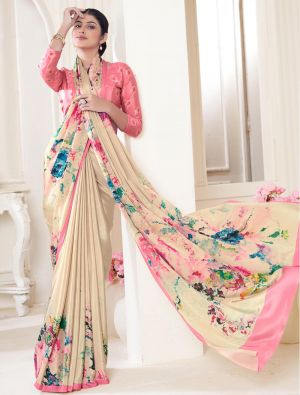 Aesthetic Cream Crepe Silk Saree With Digital Print