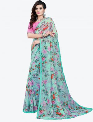 Aqua Printed Lace Bordered Chiffon Designer Saree FABSA21010
