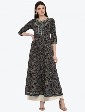 black pure cotton printed and embroidered long kurti fabku20324