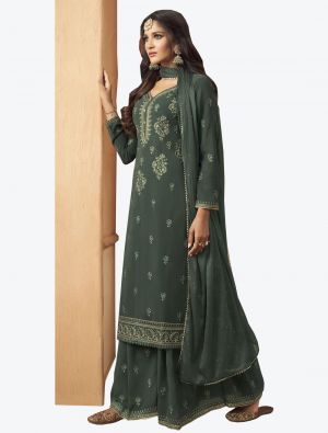 Dark Grey Embroidered Pure Georgette Straight Suit with Dupatta small FABSL20442