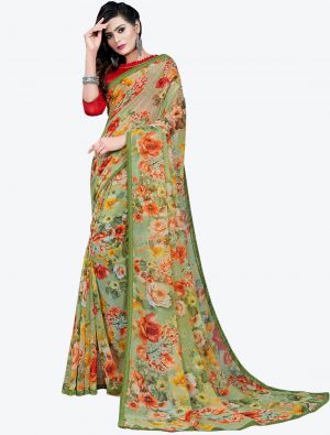 Floral Green Printed Lace Bordered Chiffon Designer Saree FABSA21014
