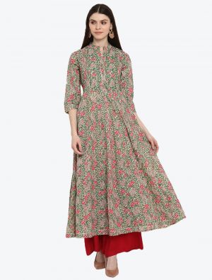 grey pure cotton printed and embroidered long kurti fabku20323