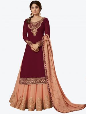 Maroon Pure Georgette Jari And Resham Embroidered Designer Suit with Dupatta small FABSL20447