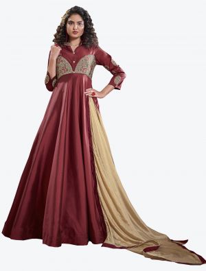 maroon triva silk thread embroidered ready to wear designer gown with dupatta fabgo20088