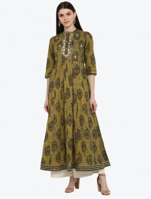 mehendi green pure cotton printed and embroidered long kurti fabku20322