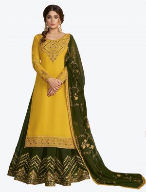 Mustard Yellow Pure Georgette Jari And Resham Embroidered Designer Suit with Dupatta small FABSL20448