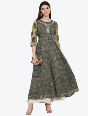 navy blue pure cotton printed and embroidered long kurti fabku20321