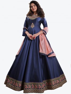 navy blue triva silk thread embroidered ready to wear designer gown with dupatta fabgo20083
