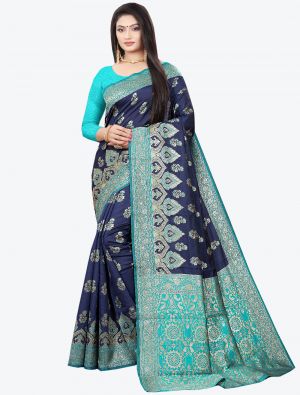 Navy Blue Woven Soft Litchi Silk Designer Saree small FABSA21027
