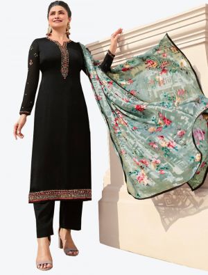 Black Tussar Satin Straight Suit with Dupatta small FABSL20461