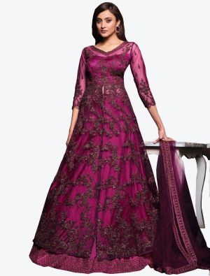 Burgundy Net Indo Western Anarkali Suit with Dupatta small FABSL20497
