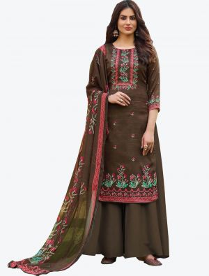 Dark Brown Jam Cotton Hand Work Straight Suit with Dupatta small FABSL20465
