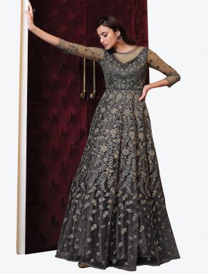 Grey Net Indo Western Anarkali Suit with Dupatta small FABSL20495