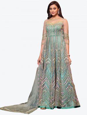 Ice Blue Net Indo Western Anarkali Suit with Dupatta small FABSL20498
