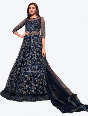 Navy Blue Net Indo Western Anarkali Suit with Dupatta small FABSL20499