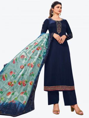 Navy Blue Tussar Satin Straight Suit with Dupatta small FABSL20464