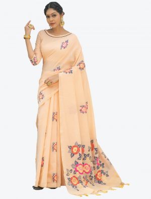 Light Peach Woven Jacquard Soft Linen Cotton Designer Saree small FABSA21101