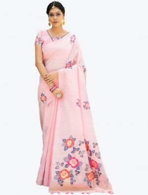 Light Pink Woven Jacquard Soft Linen Cotton Designer Saree small FABSA21096