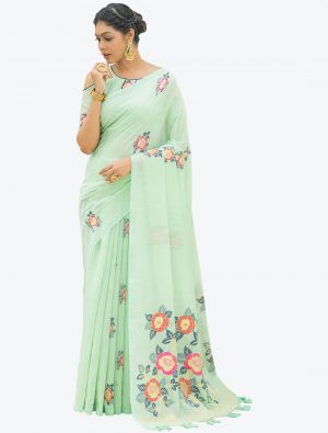 Pastel Green Woven Jacquard Soft Linen Cotton Designer Saree small FABSA21100