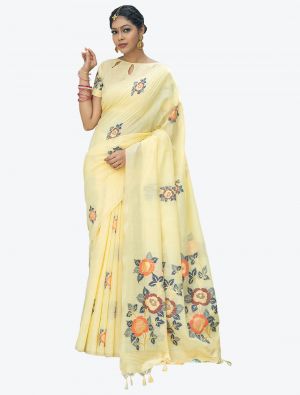 Pastel Yellow Woven Jacquard Soft Linen Cotton Designer Saree small FABSA21098