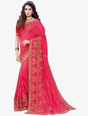 Bright Pink Embroidered Vichitra Silk Designer Saree small FABSA21148